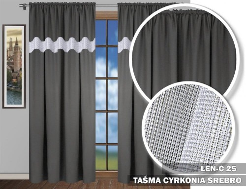 Zasłony SR 250x145 na taśmie LEN cyrkonie  ciemny szary