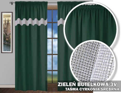 Zasłony SR 230x140 na taśmie LEN cyrkonie 3V zieleń butelkowa