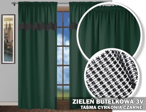 Zasłony CZ 230x145 cyrkonie na taśmie 3V zieleń butelkowa