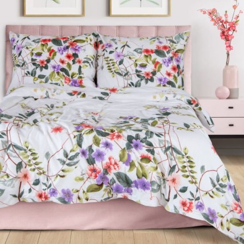 Pościel satyna bawełniana 160x200 Biała w kolorowe kwiaty 1522