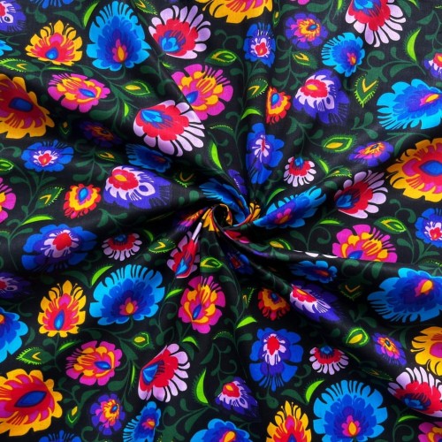 Tkanina bawełniana wzór łowicki na czarnym tle