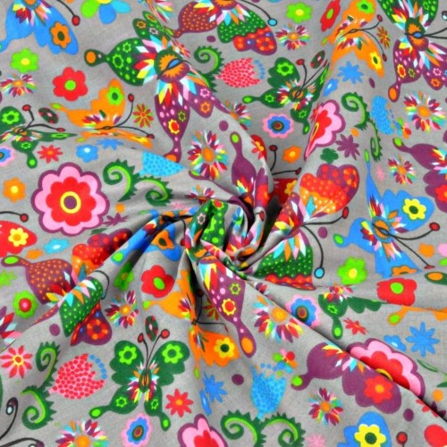 Tkanina bawełniana motylki łowickie na szarym tle