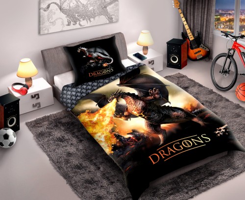 Pościel bawełniana 140x200+70X90  Dragons 027 Ognisty Smok