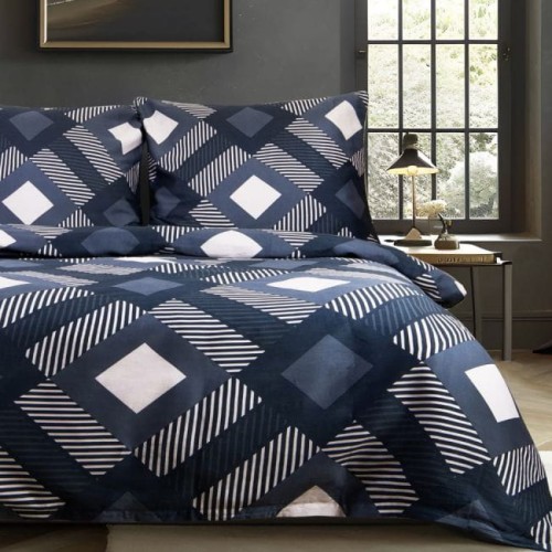 Pościel satyna bawełniana 160x200  granatowo kremowy geometryczny wzór 1544