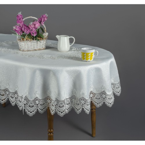 Obrus  plamoodporny z gipiurą kremowy okrągły 180 symbol 088