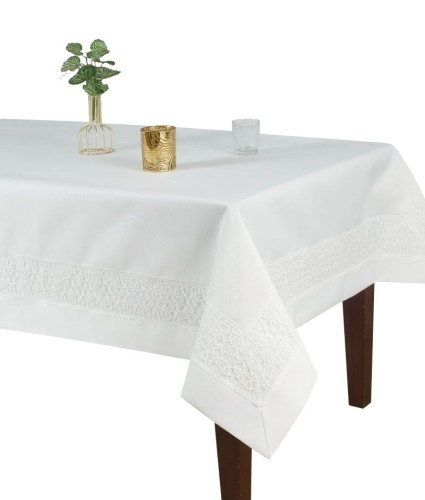 Elegancki obrus z gipiurą na tiulu, śmietankowa biel wz.145