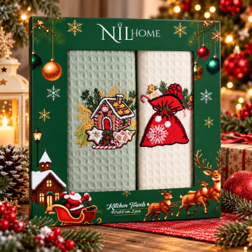 Świąteczny komplet ręczników kuchennych NILHOME 2 szt. 40 × 60 cm – Domek i Worek Prezentów (LUX V1)