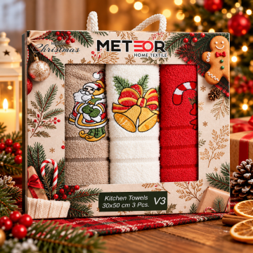  Świąteczny komplet ręczników kuchennych METEOR 3 szt. 30 × 50 cm – Haftowane, zestaw prezentowy(TERRY V1)