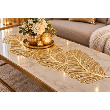 BIEŻNIK GUMOWY ZŁOTY LIŚĆ PREMIUM 30 × 90 CM – AŻUROWY GLAMOUR NA STÓŁ I ŁAWĘ 