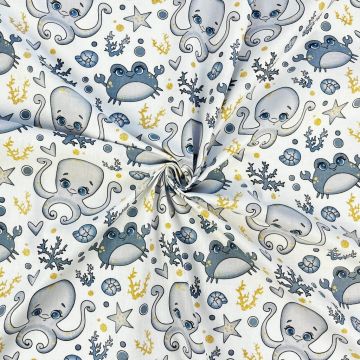 Tkanina bawełniana wzór morski ośmiornice i kraby szare – na metry (cena za 1 mb)