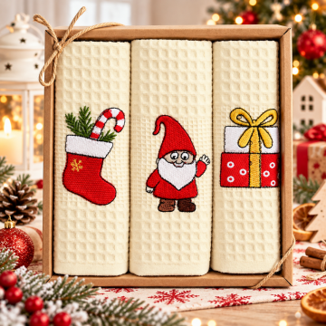 Świąteczny komplet ręczników kuchennych NILHOME 3 szt. 40 × 60 cm – Skrzacie, Skarpeta i Prezent (NATURAL V1)