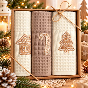 Świąteczny komplet ręczników kuchennych NILHOME 3 szt. 40 × 60 cm – Natural, haftowane, zestaw prezentowy(COOKIE)