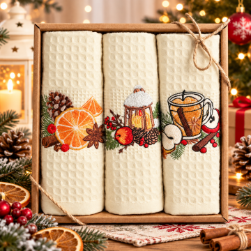 Świąteczny komplet ręczników kuchennych NILTEKS 3 szt. 40 × 60 cm – Haftowane, Pomarańcze, Latarenka i Grzane Wino(MERLIN V1)